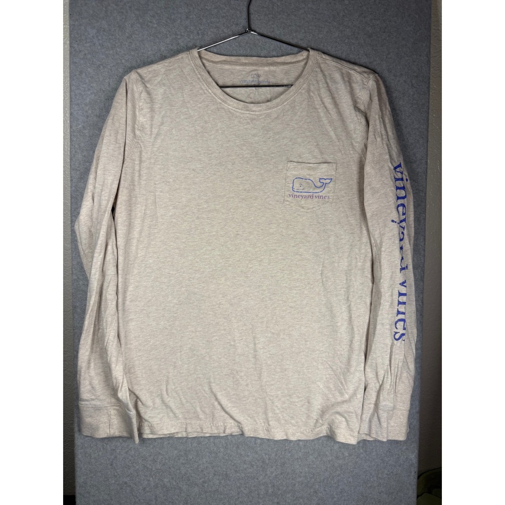 Vineyard Vines Mens Large Long Sleeve Pocket T-Shirt Heather Oatmeal Whale Logo